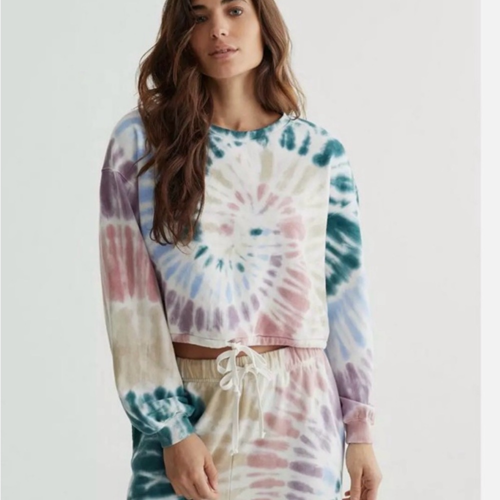 Lucky Brand Tie Dye Cropped Sweatshirt Womens XL Cotton Drawstring Hem Boho